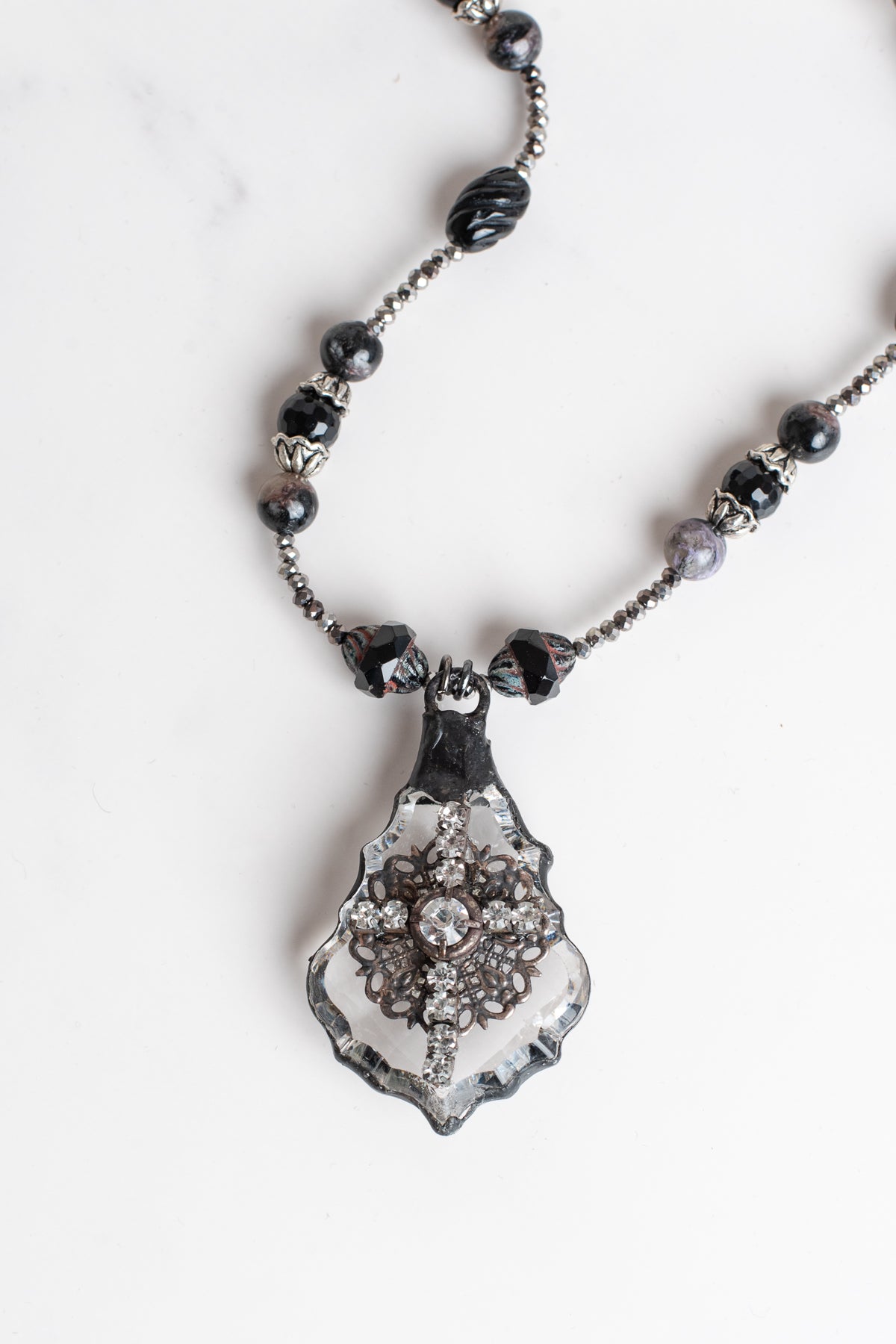 Cross and Filigree Hand Soldered Chandelier Crystal Pendant on a Beaded Necklace