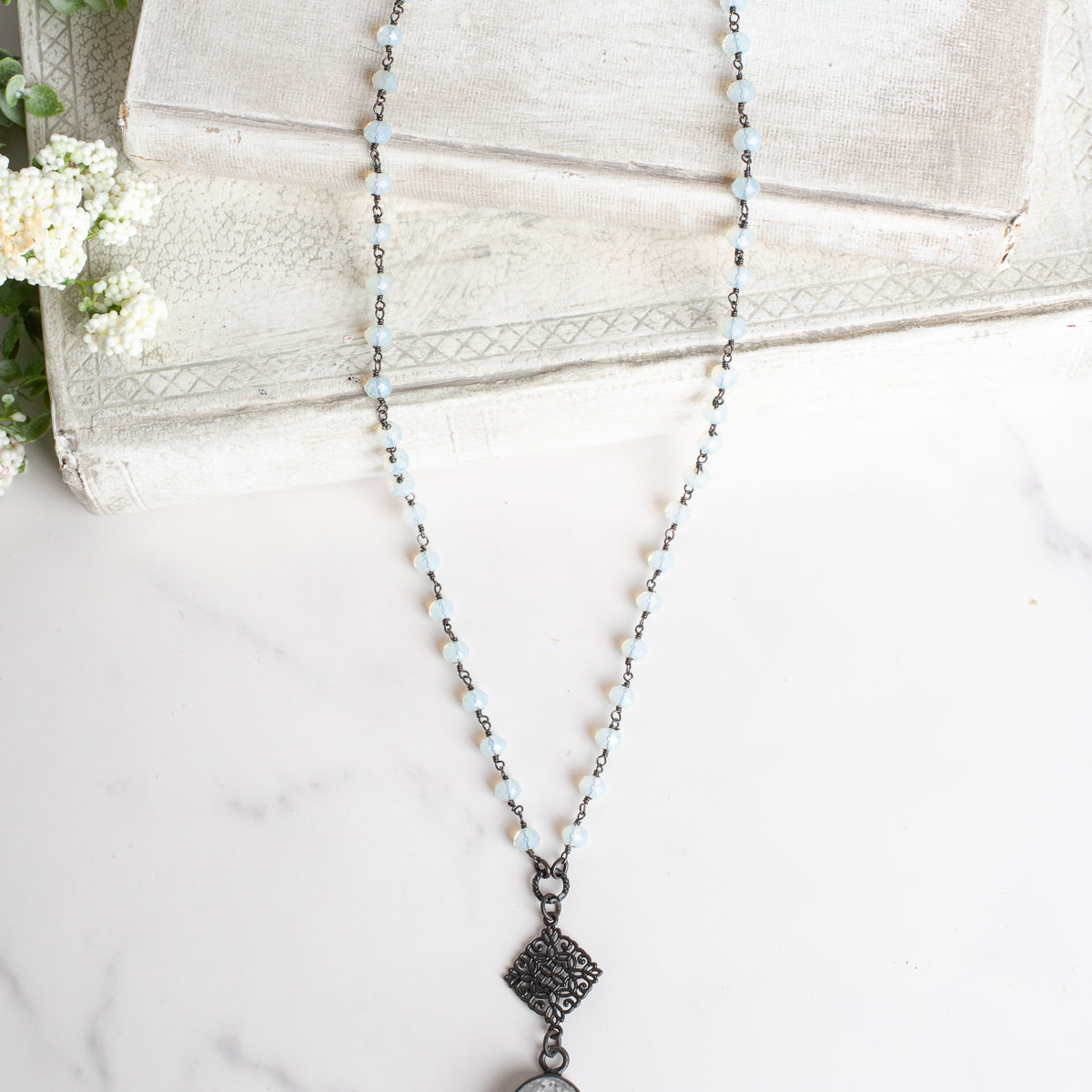 Hand Soldered White Topaz Oval Pendant on an Opalite and Bronze Rosary Chain Necklace