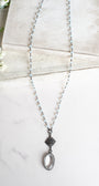 Hand Soldered White Topaz Oval Pendant on an Opalite and Bronze Rosary Chain Necklace