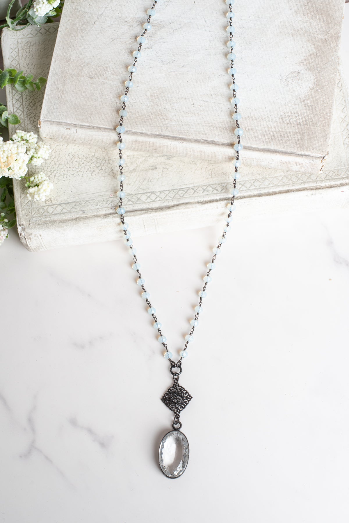 Hand Soldered White Topaz Oval Pendant on an Opalite and Bronze Rosary Chain Necklace