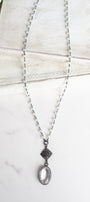 Hand Soldered White Topaz Oval Pendant on an Opalite and Bronze Rosary Chain Necklace
