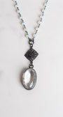 Hand Soldered White Topaz Oval Pendant on an Opalite and Bronze Rosary Chain Necklace