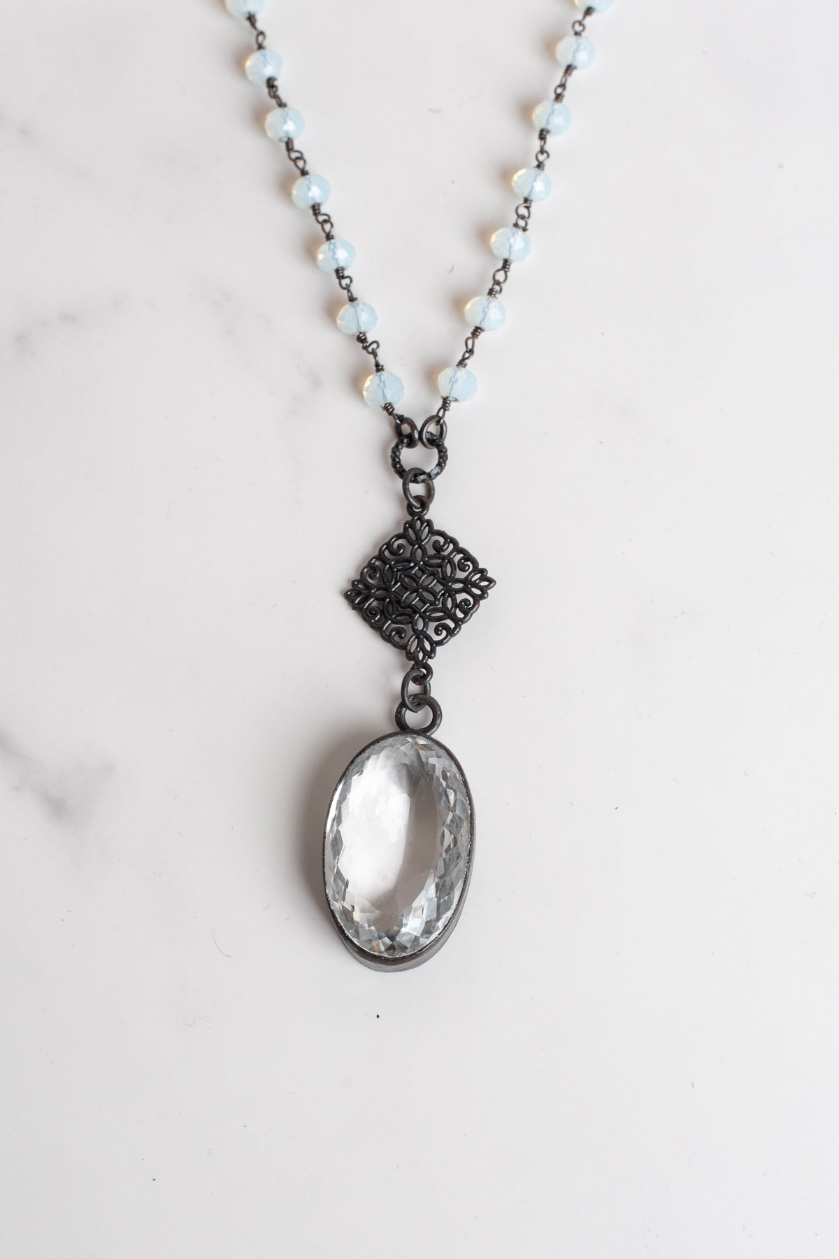 Hand Soldered White Topaz Oval Pendant on an Opalite and Bronze Rosary Chain Necklace