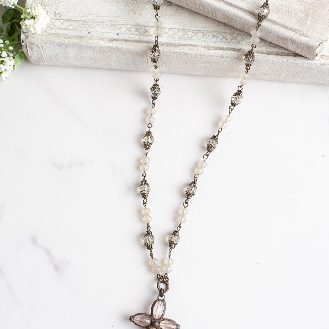 Hand Soldered Crystal Cross on a Fancy Opaque Crystal and Bronze Rosary Chain Necklace