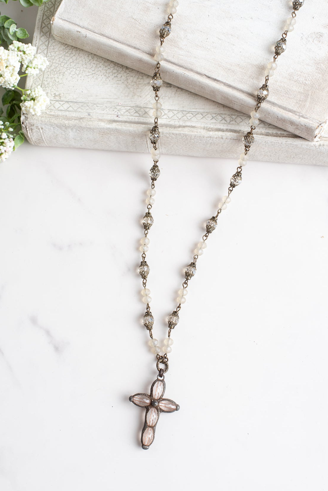 Hand Soldered Crystal Cross on a Fancy Opaque Crystal and Bronze Rosary Chain Necklace