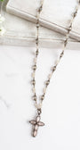 Hand Soldered Crystal Cross on a Fancy Opaque Crystal and Bronze Rosary Chain Necklace