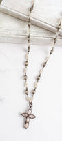 Hand Soldered Crystal Cross on a Fancy Opaque Crystal and Bronze Rosary Chain Necklace