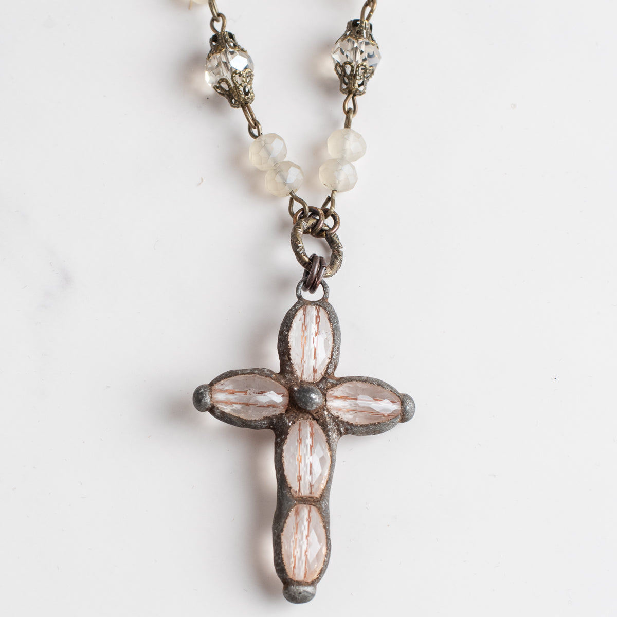 Hand Soldered Crystal Cross on Fancy Crystal Rosary Chain Necklace