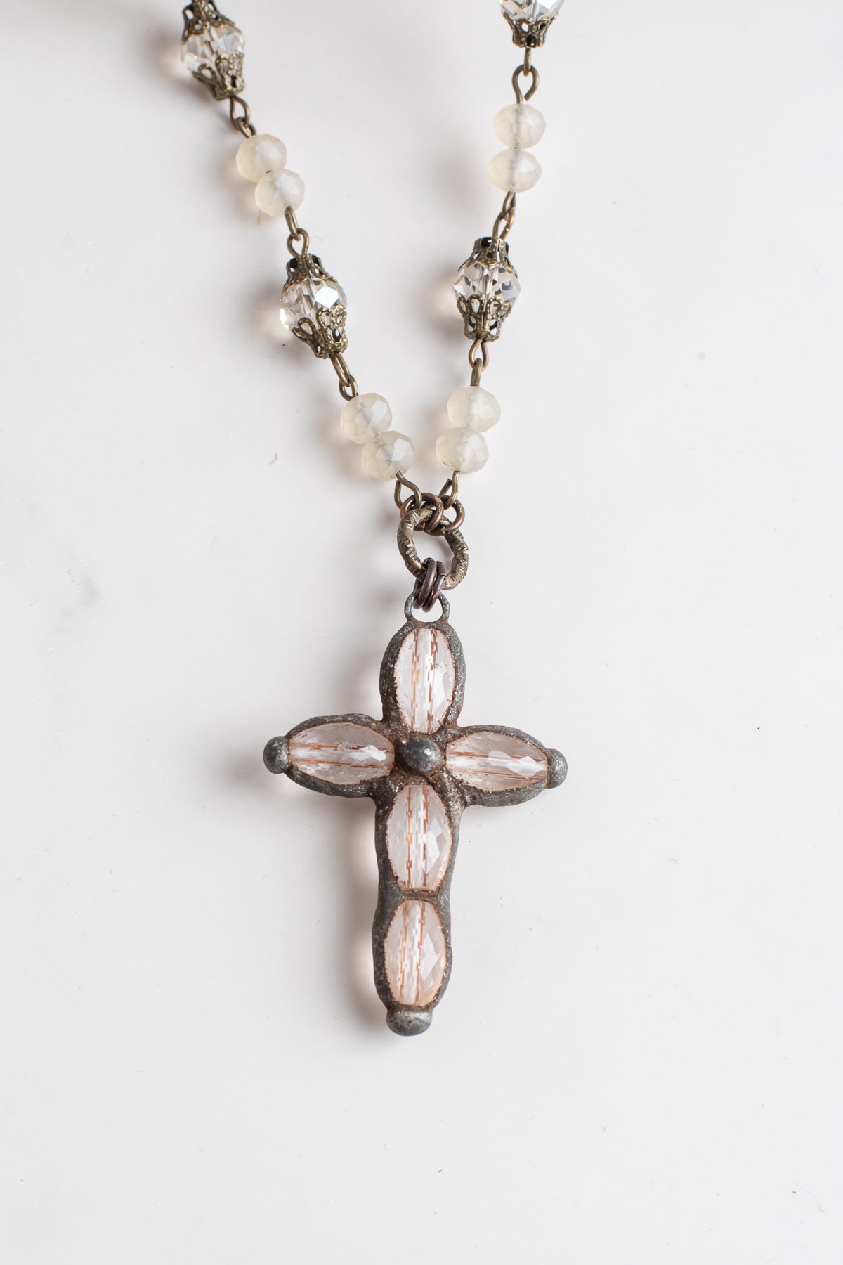 Hand Soldered Crystal Cross on a Fancy Opaque Crystal and Bronze Rosary Chain Necklace