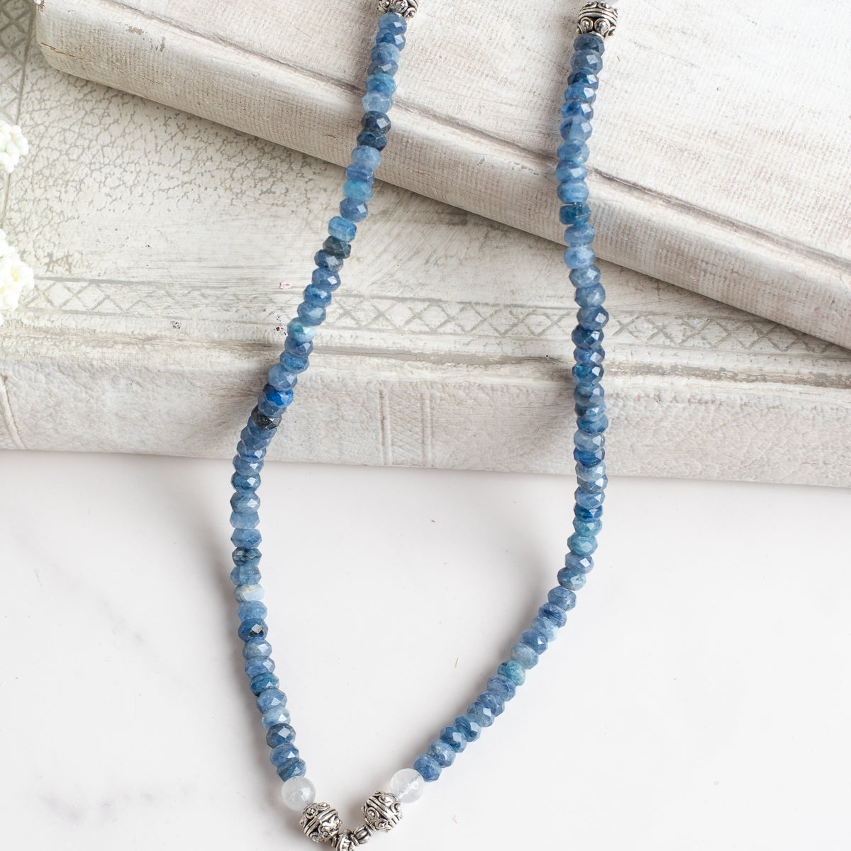 Sterling Silver Filigree Blue Quartz Pendant on a Faceted Blue Apatite Stone Necklace