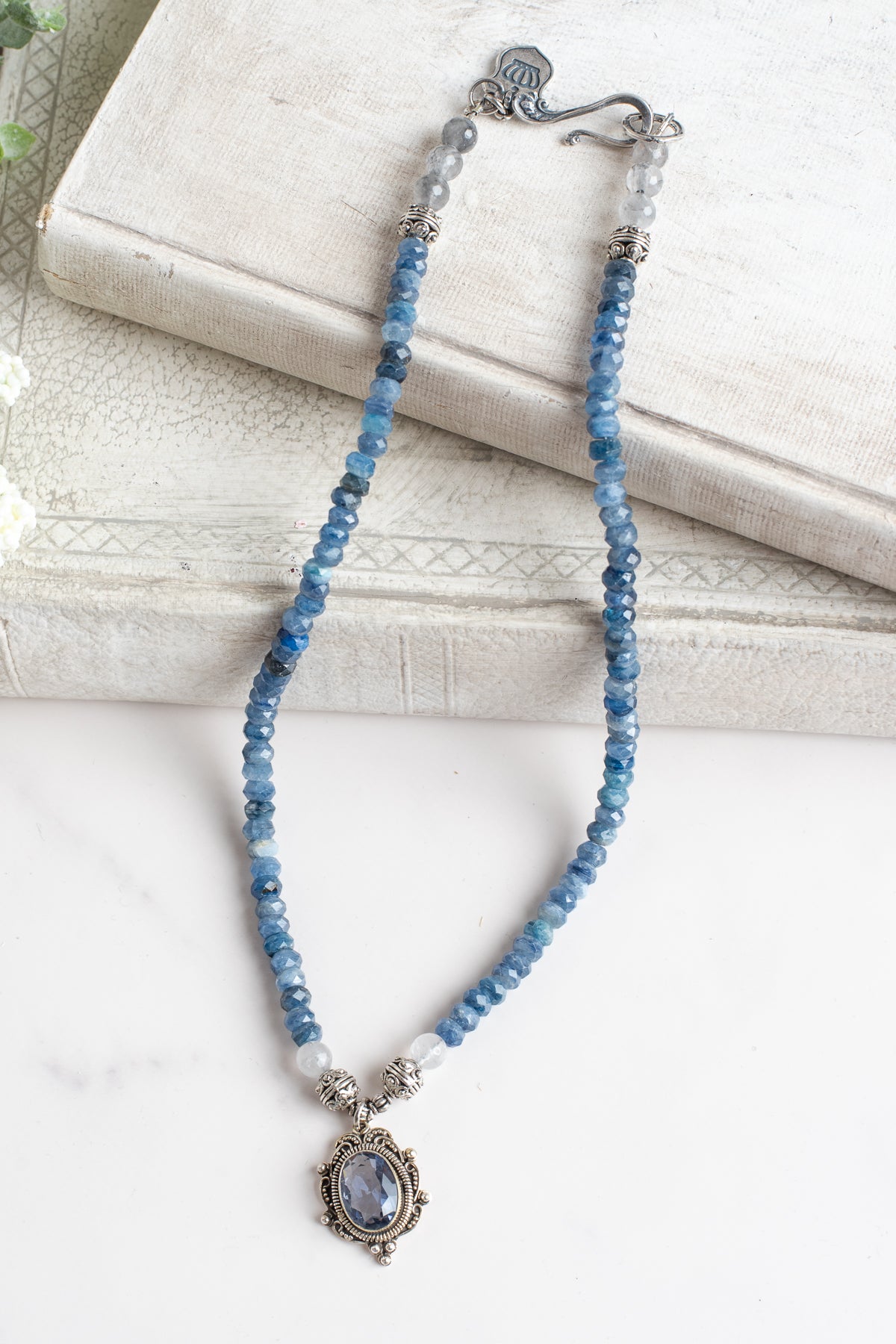 Sterling Silver Filigree Blue Quartz Pendant on a Faceted Blue Apatite Stone Necklace