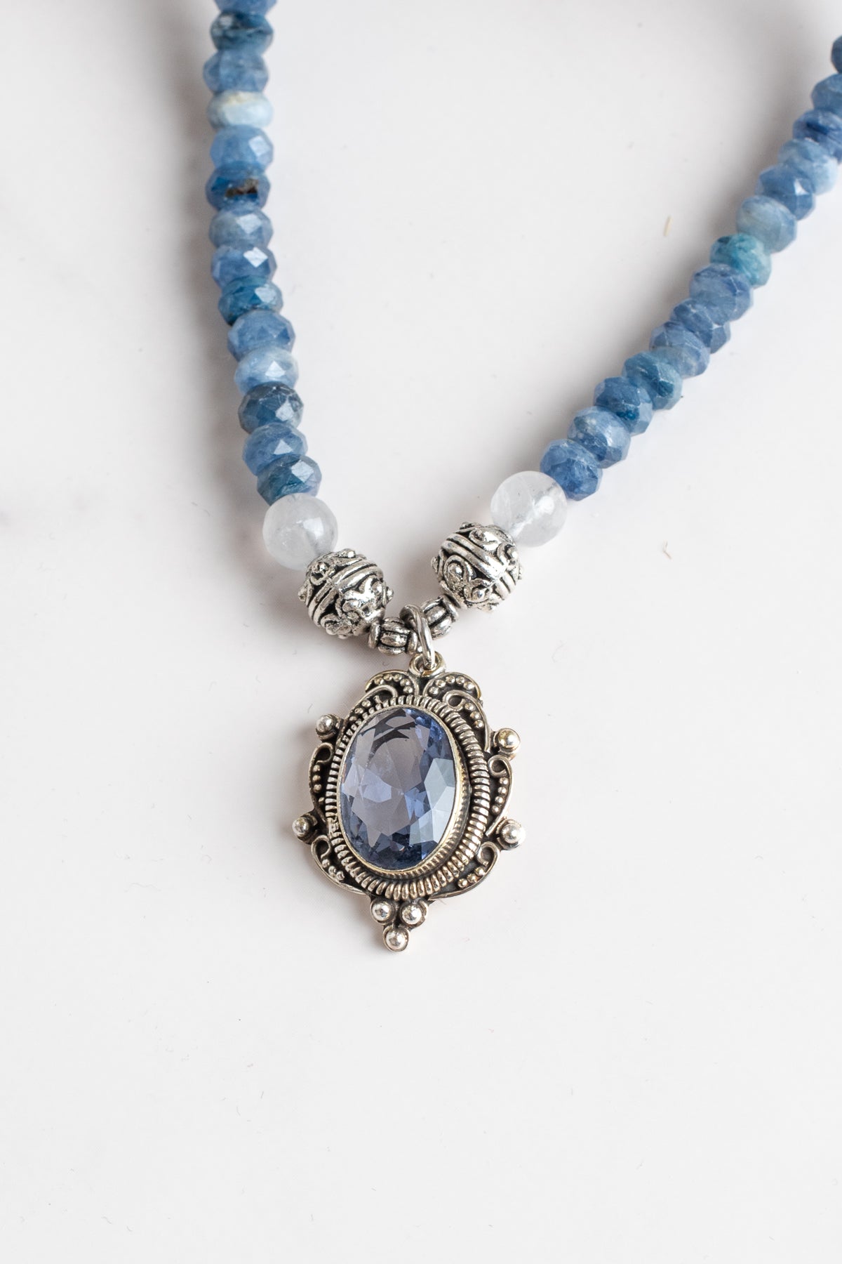 Sterling Silver Filigree Blue Quartz Pendant on a Faceted Blue Apatite Stone Necklace