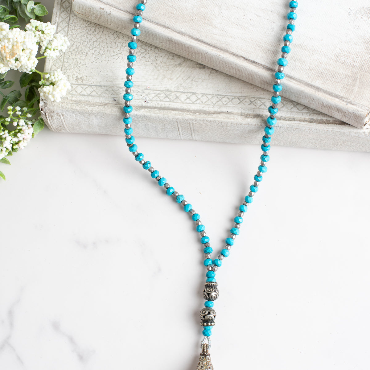 Tibetan Silver Large Amazonite Pendant on a Turquoise Stone Beaded Necklace