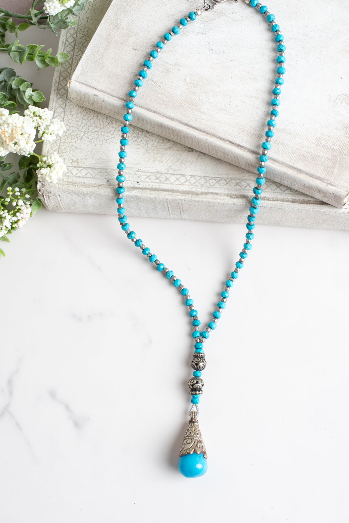 Tibetan Silver Large Amazonite Pendant on a Turquoise Stone Beaded Necklace