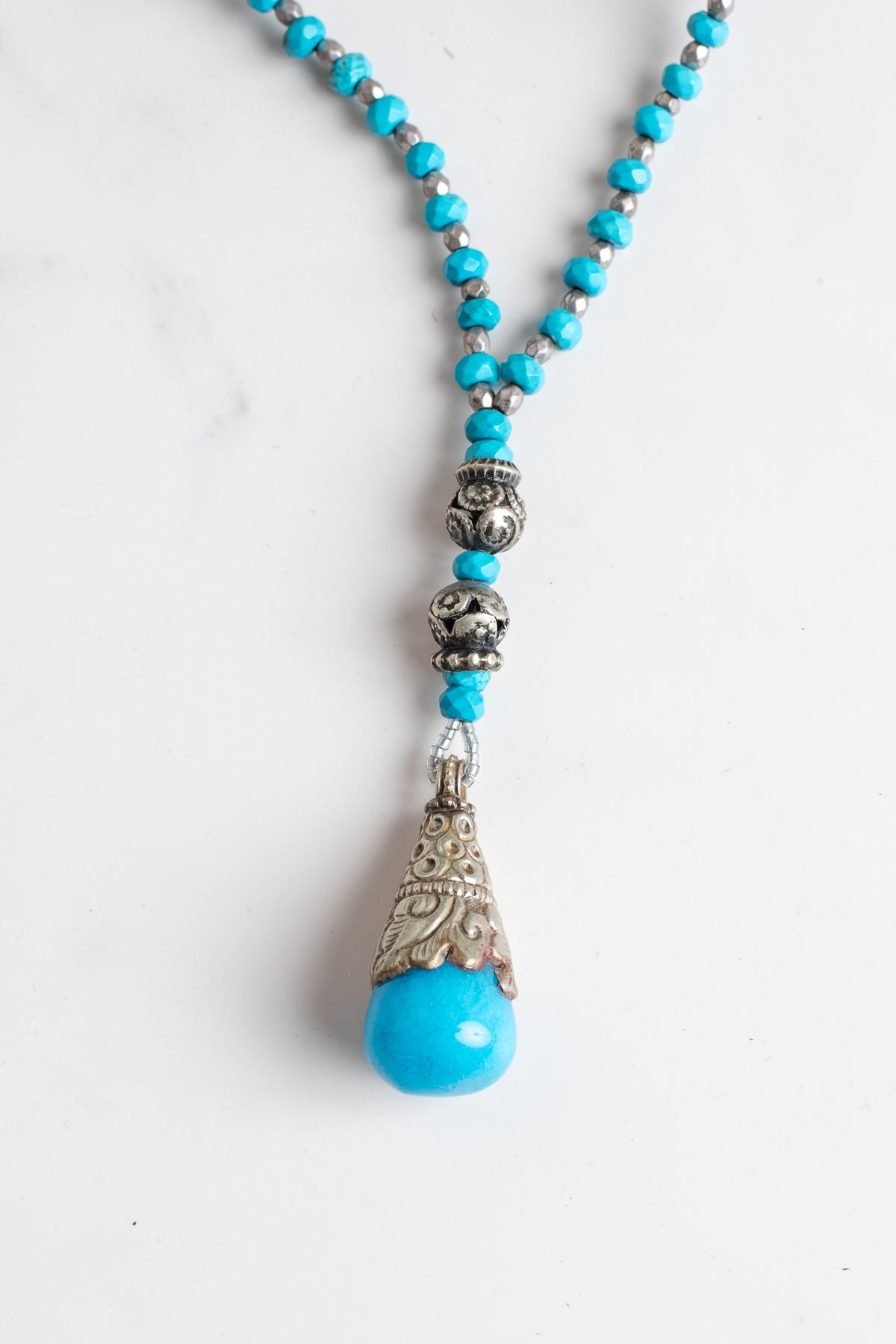 Tibetan Silver Large Amazonite Pendant on a Turquoise Stone Beaded Necklace