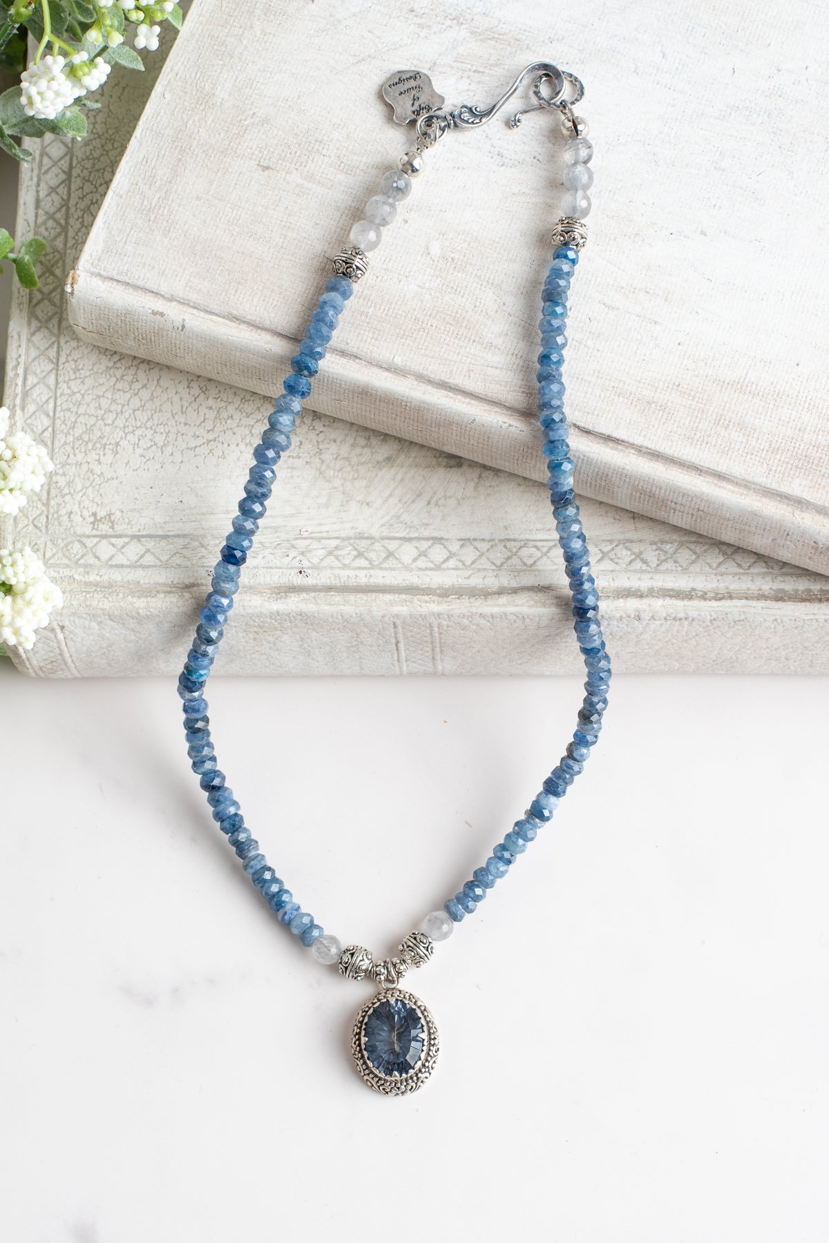 Sterling Silver Filigree Blue Quartz Scrollwork Pendant on a Faceted Blue Apatite Stone Necklace