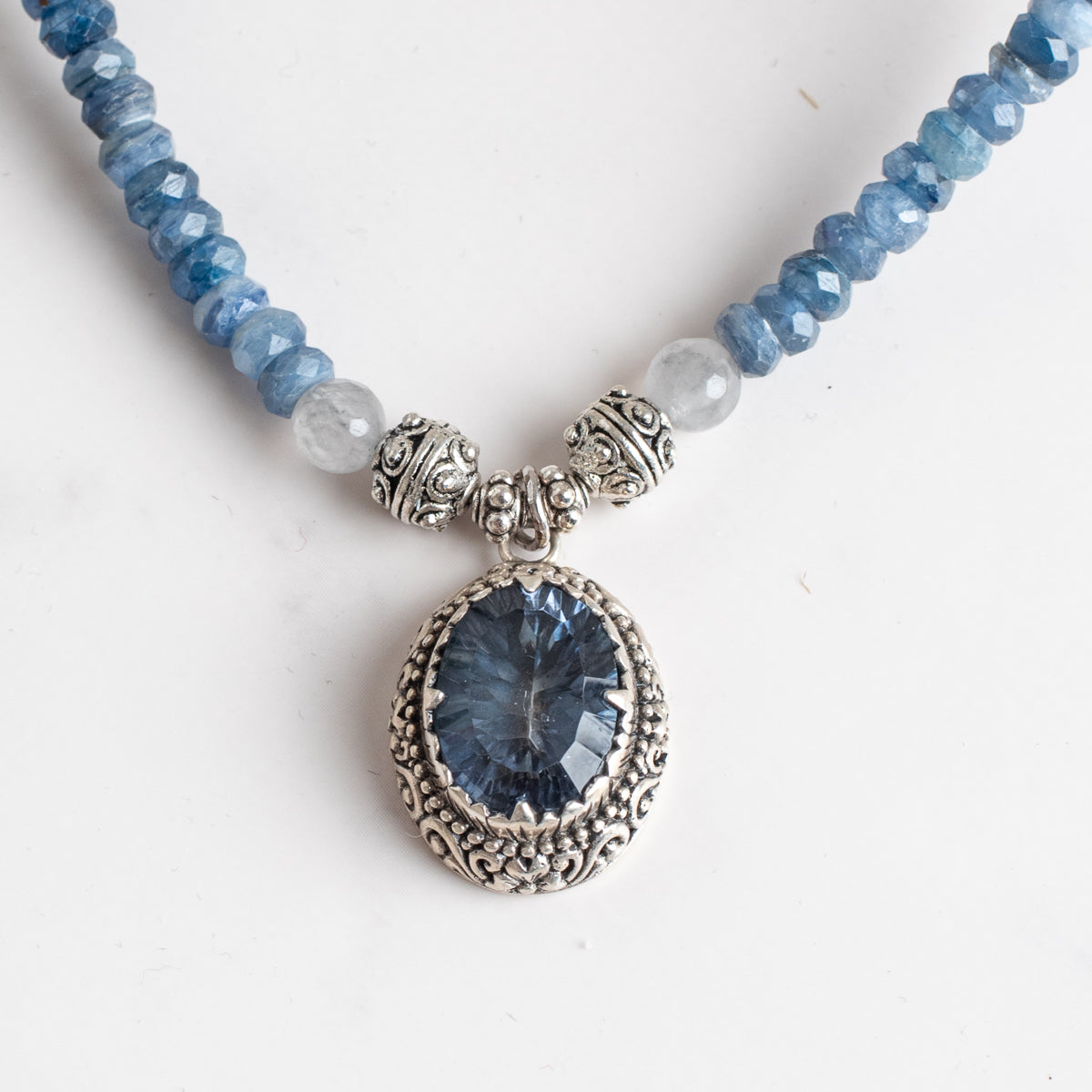 Sterling Silver Filigree Blue Quartz Scrollwork Pendant on a Faceted Blue Apatite Stone Necklace