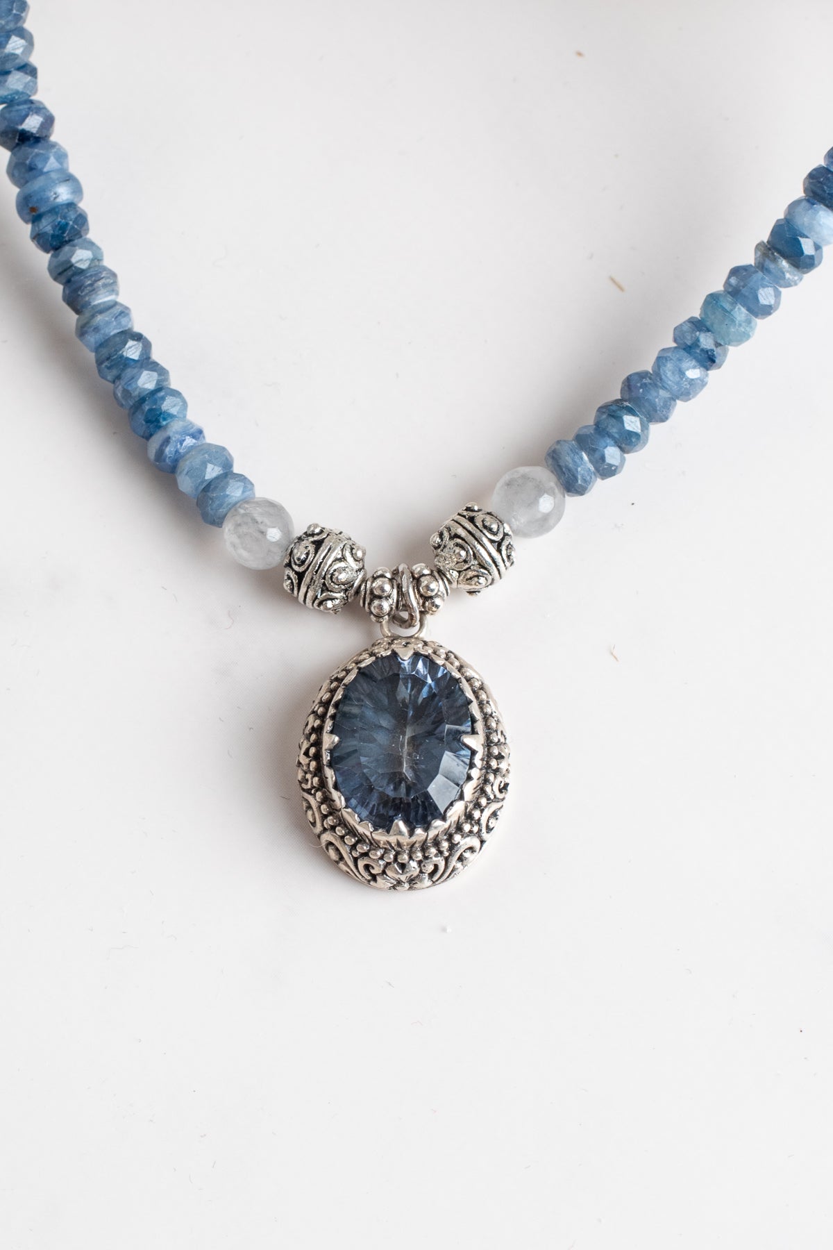 Sterling Silver Filigree Blue Quartz Scrollwork Pendant on a Faceted Blue Apatite Stone Necklace