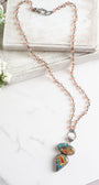 Gold Turquoise and Rust Composite Sterling Silver Pendant on a Peach Crystal Rosary Chain Necklace
