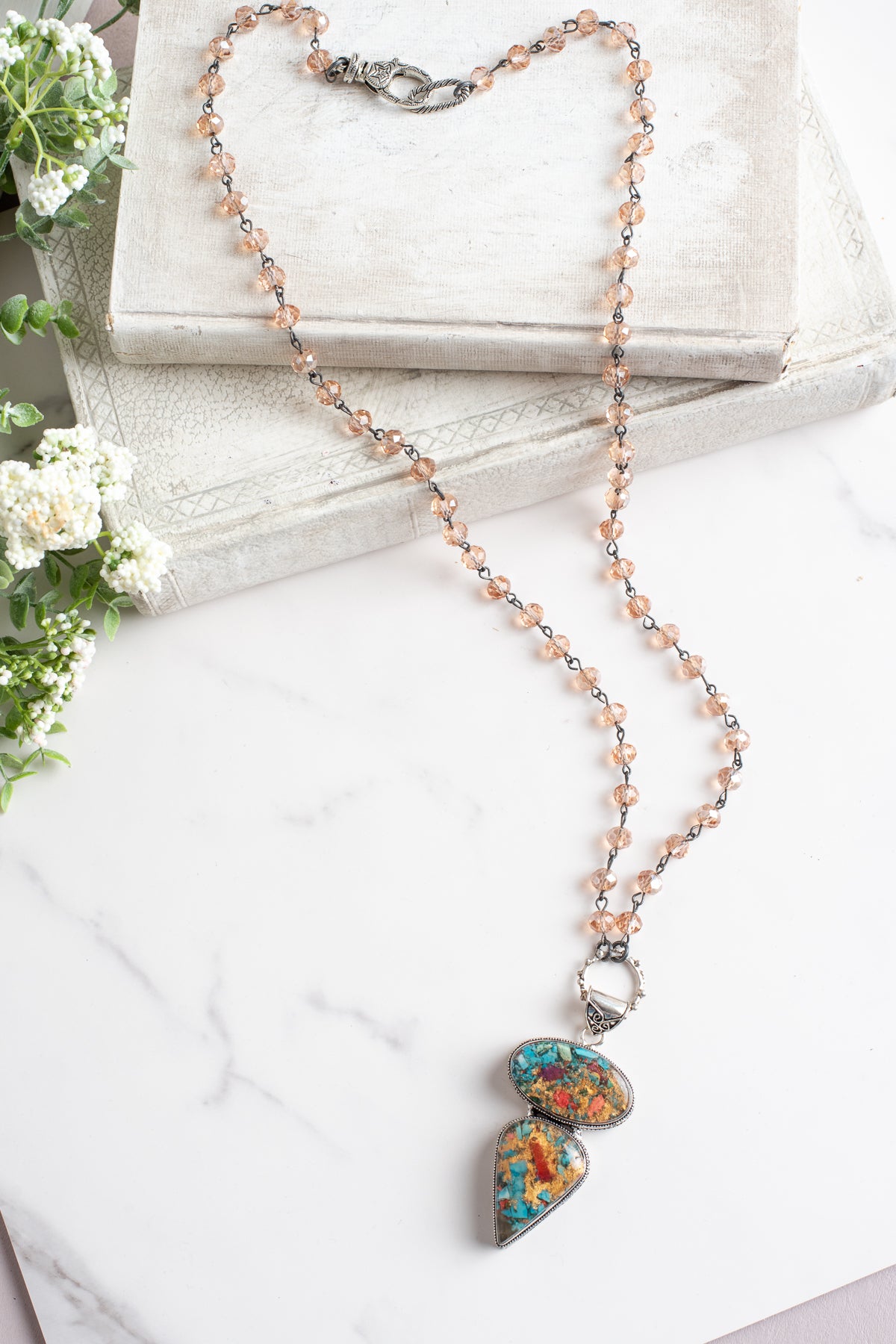 Gold Turquoise and Rust Composite Sterling Silver Pendant on a Peach Crystal Rosary Chain Necklace