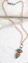 Gold Turquoise and Rust Composite Sterling Silver Pendant on a Peach Crystal Rosary Chain Necklace