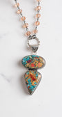 Gold Turquoise and Rust Composite Sterling Silver Pendant on a Peach Crystal Rosary Chain Necklace
