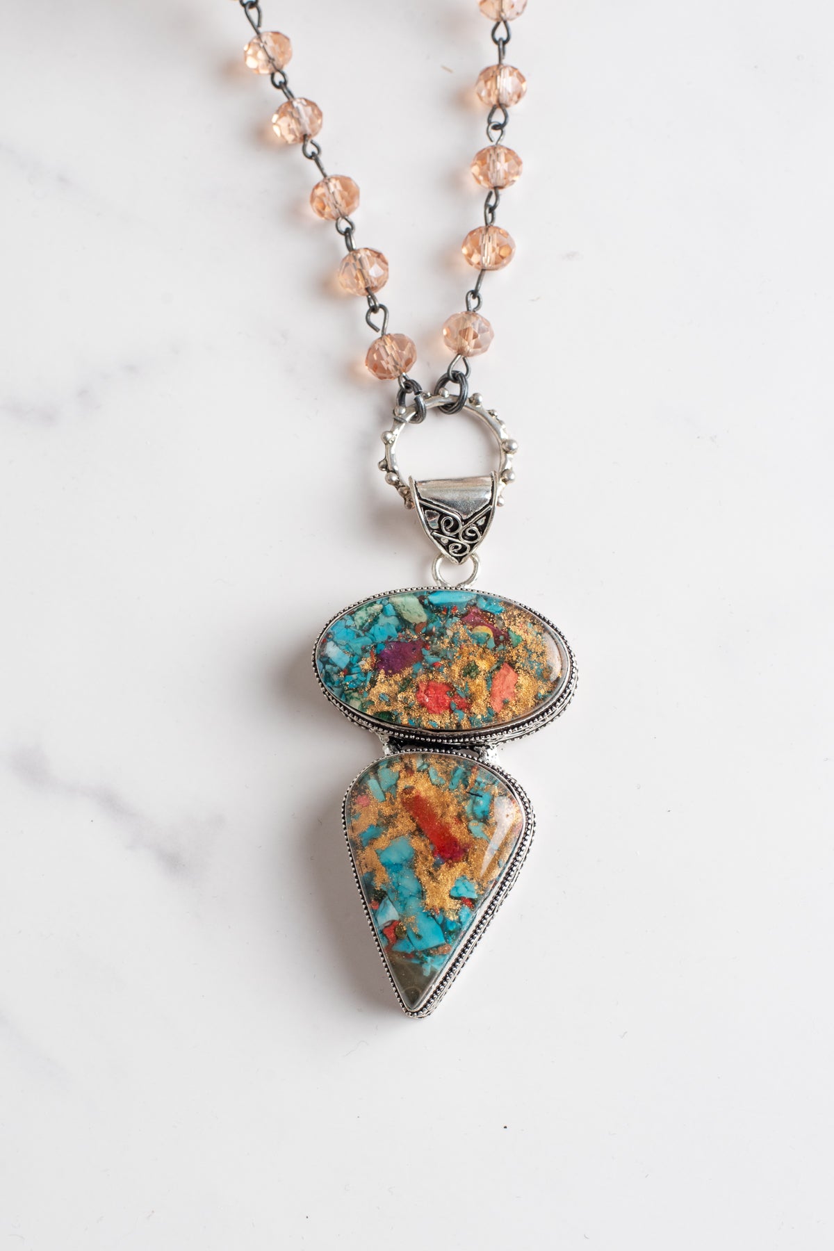 Gold Turquoise and Rust Composite Sterling Silver Pendant on a Peach Crystal Rosary Chain Necklace