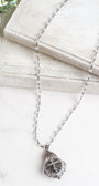 Soldered Fancy Chandelier Crystal Pendant with Cross on a Moonstone and Gunmetal Rosary Chain Necklace
