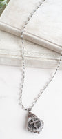Soldered Fancy Chandelier Crystal Pendant with Cross on a Moonstone and Gunmetal Rosary Chain Necklace