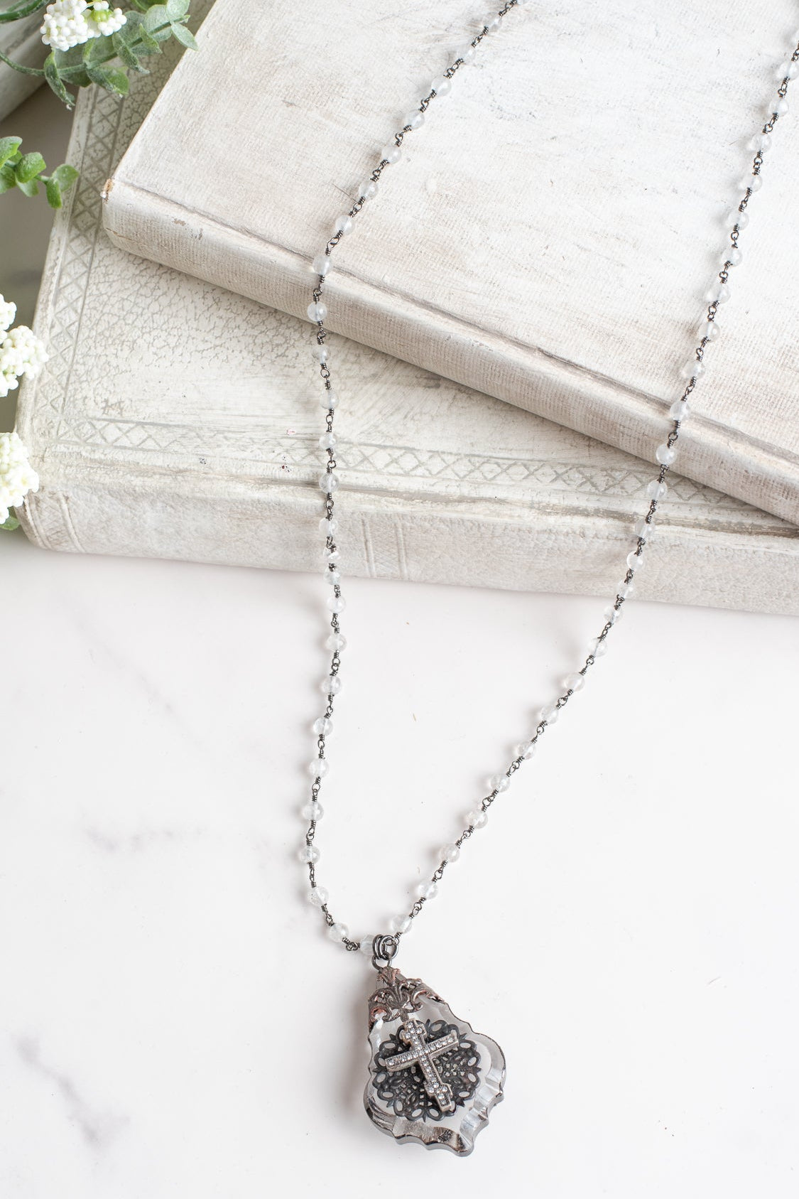 Soldered Fancy Chandelier Crystal Pendant with Cross on a Moonstone and Gunmetal Rosary Chain Necklace