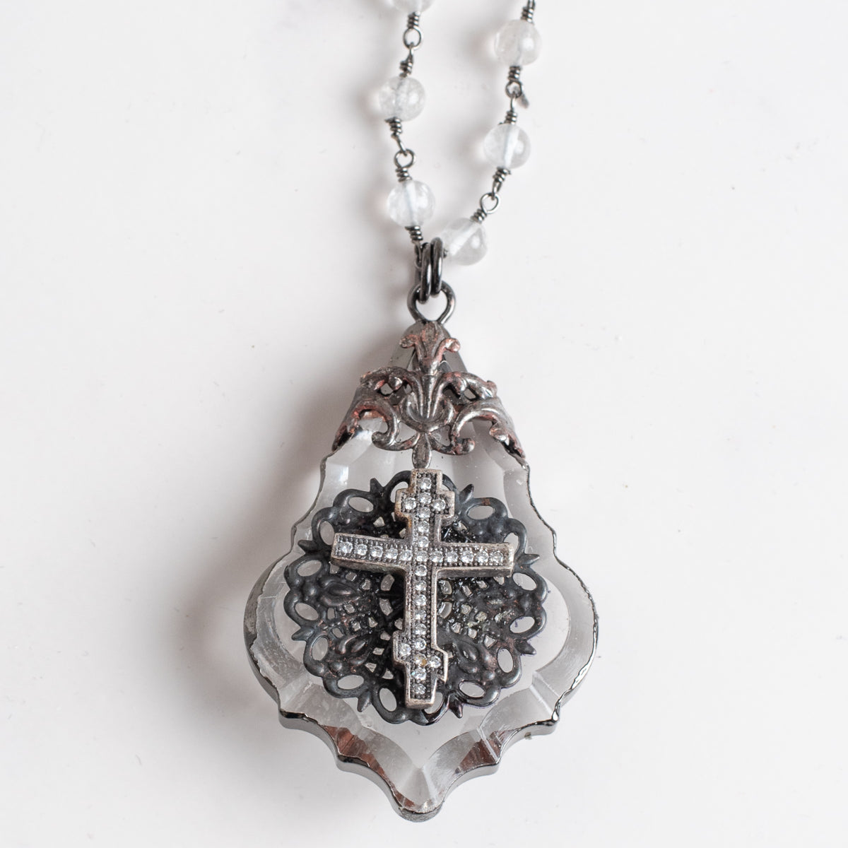Orthodox Christian Cross Chandelier Crystal Pendant on a Moonstone Necklace