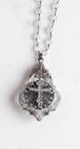 Soldered Fancy Chandelier Crystal Pendant with Cross on a Moonstone and Gunmetal Rosary Chain Necklace