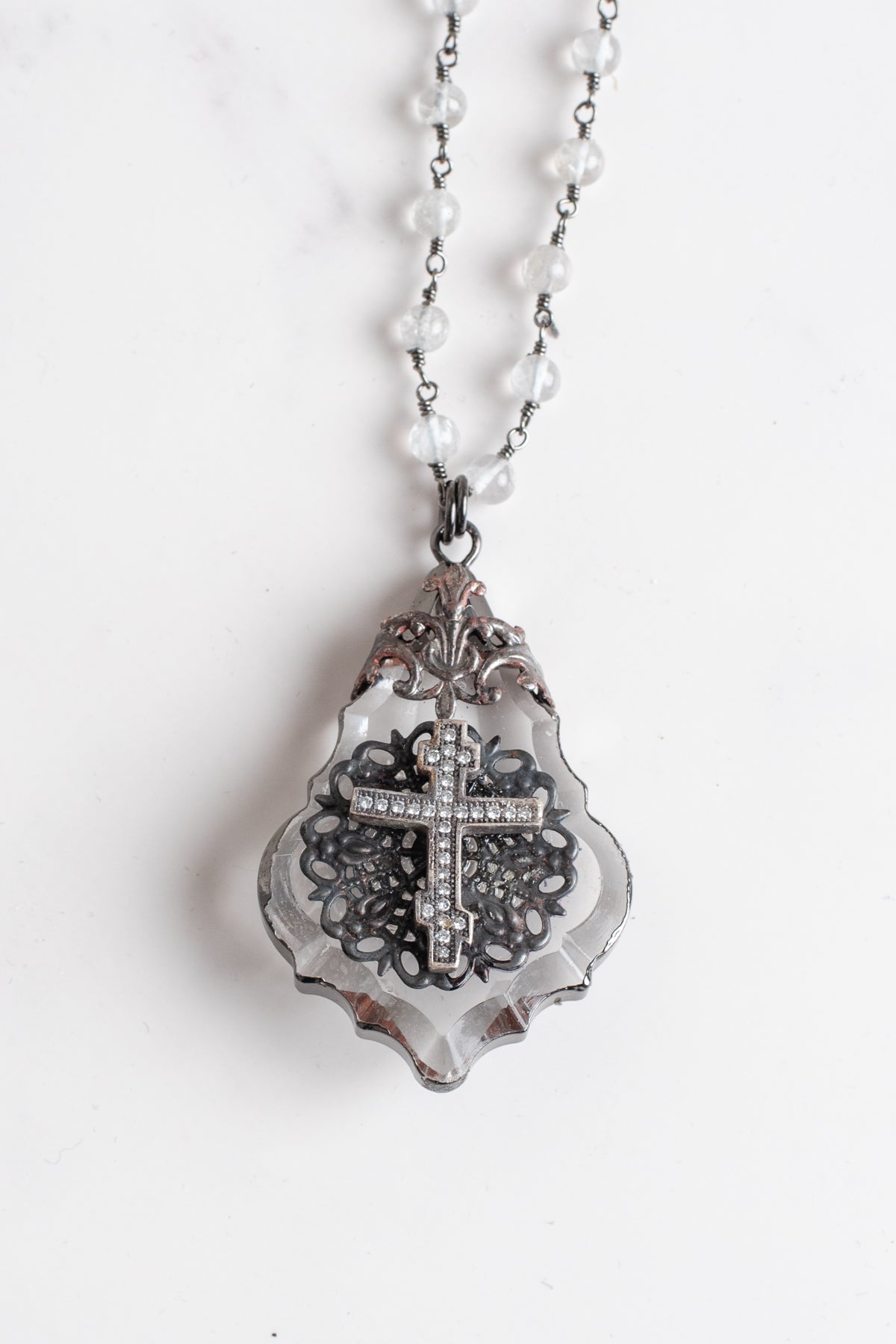 Soldered Fancy Chandelier Crystal Pendant with Cross on a Moonstone and Gunmetal Rosary Chain Necklace