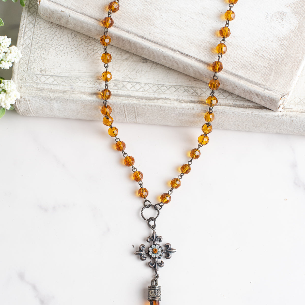 Hand Soldered Golden Topaz Crystal on a Crystal and Gunmetal Rosary Chain and Fleur de Lis Cross Necklace