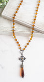 Hand Soldered Golden Topaz Crystal on a Crystal and Gunmetal Rosary Chain and Fleur de Lis Cross Necklace
