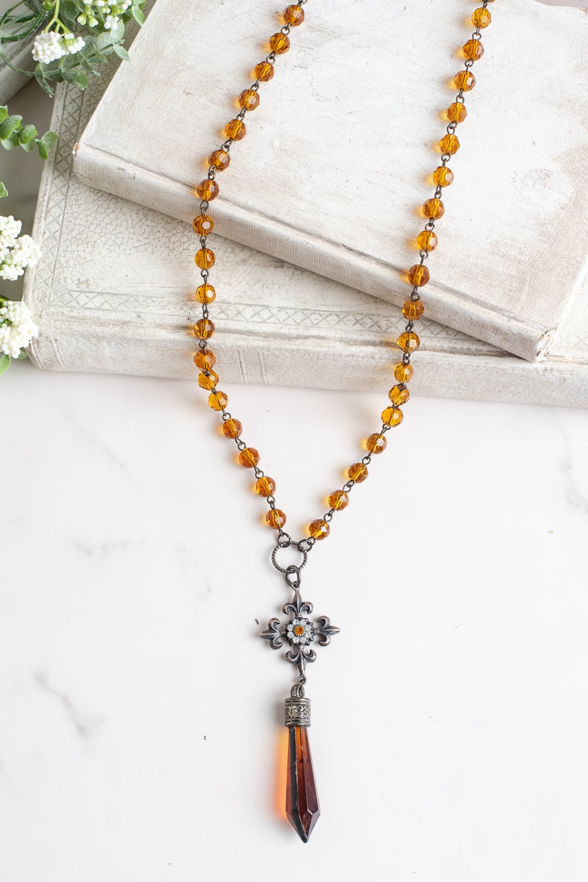 Hand Soldered Golden Topaz Crystal on a Crystal and Gunmetal Rosary Chain and Fleur de Lis Cross Necklace