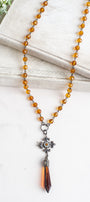 Hand Soldered Golden Topaz Crystal on a Crystal and Gunmetal Rosary Chain and Fleur de Lis Cross Necklace