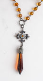 Hand Soldered Golden Topaz Crystal on a Crystal and Gunmetal Rosary Chain and Fleur de Lis Cross Necklace