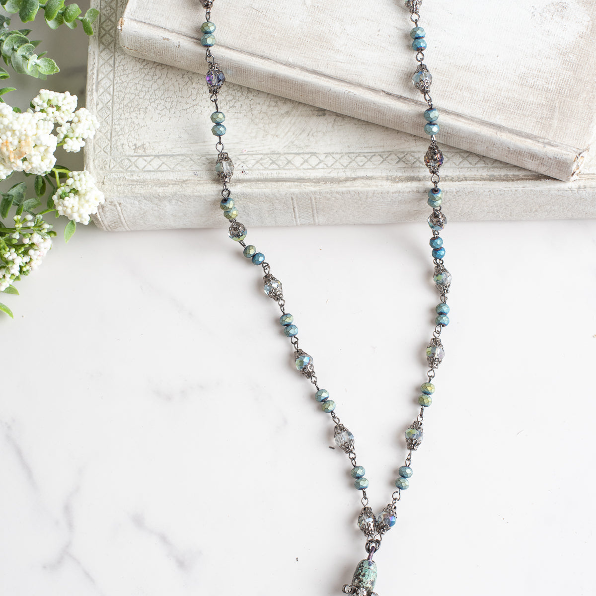 Hand Soldered Clear Crystal With Aqua Patina Pendant on a Fancy Blue Green Rosary Chain Necklace
