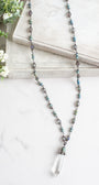 Hand Soldered Clear Crystal With Aqua Patina Pendant on a Fancy Blue Green Rosary Chain Necklace