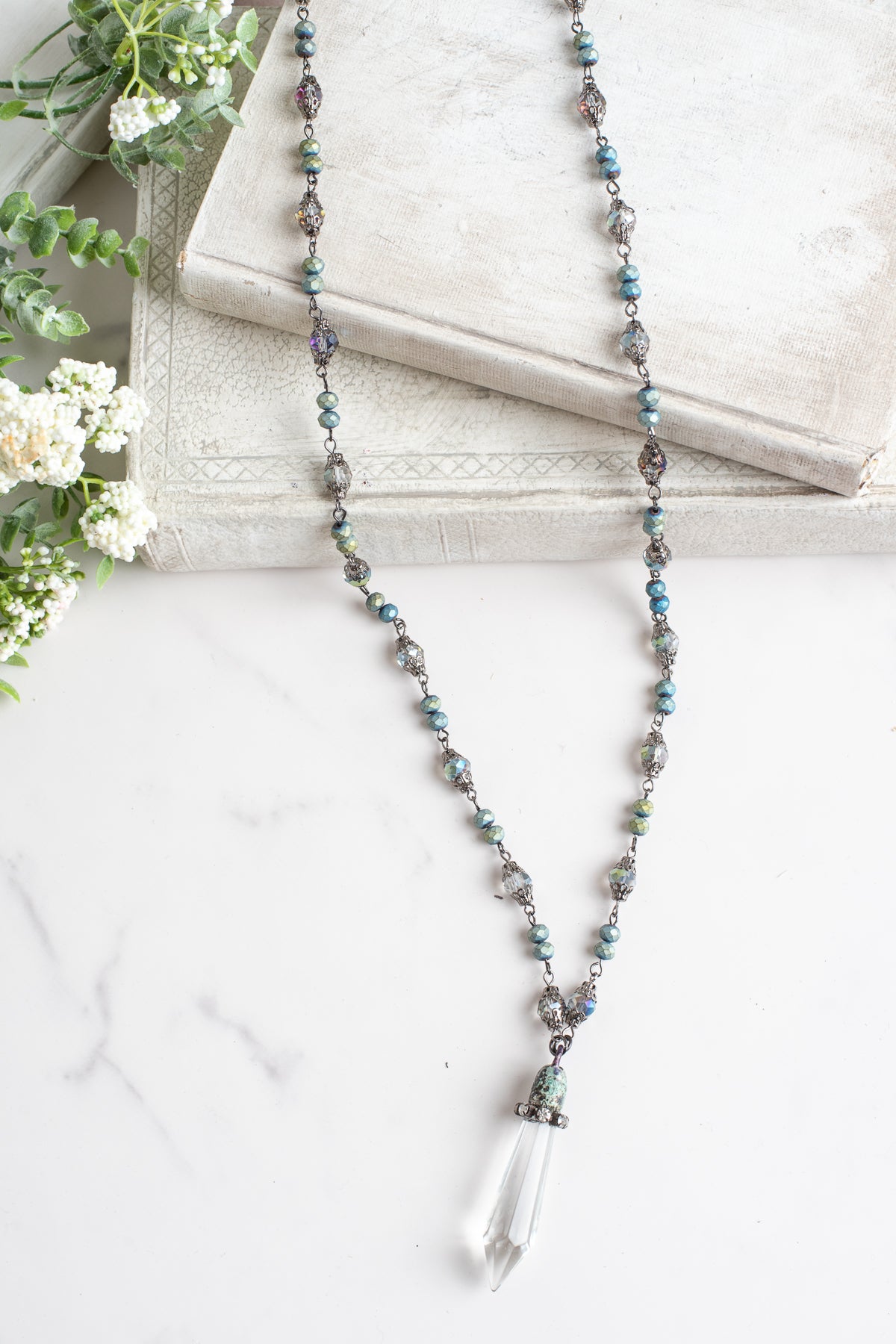 Hand Soldered Clear Crystal With Aqua Patina Pendant on a Fancy Blue Green Rosary Chain Necklace