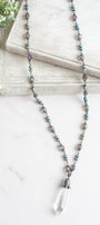 Hand Soldered Clear Crystal With Aqua Patina Pendant on a Fancy Blue Green Rosary Chain Necklace