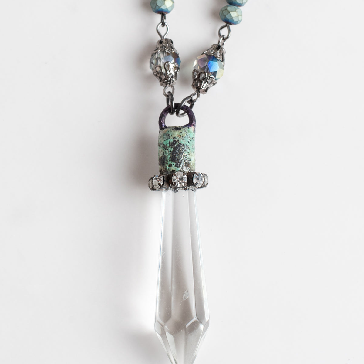 Hand-Soldered Crystal Pendant with Blue-Green Iridescent Chain