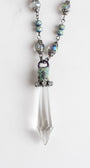 Hand Soldered Clear Crystal With Aqua Patina Pendant on a Fancy Blue Green Rosary Chain Necklace