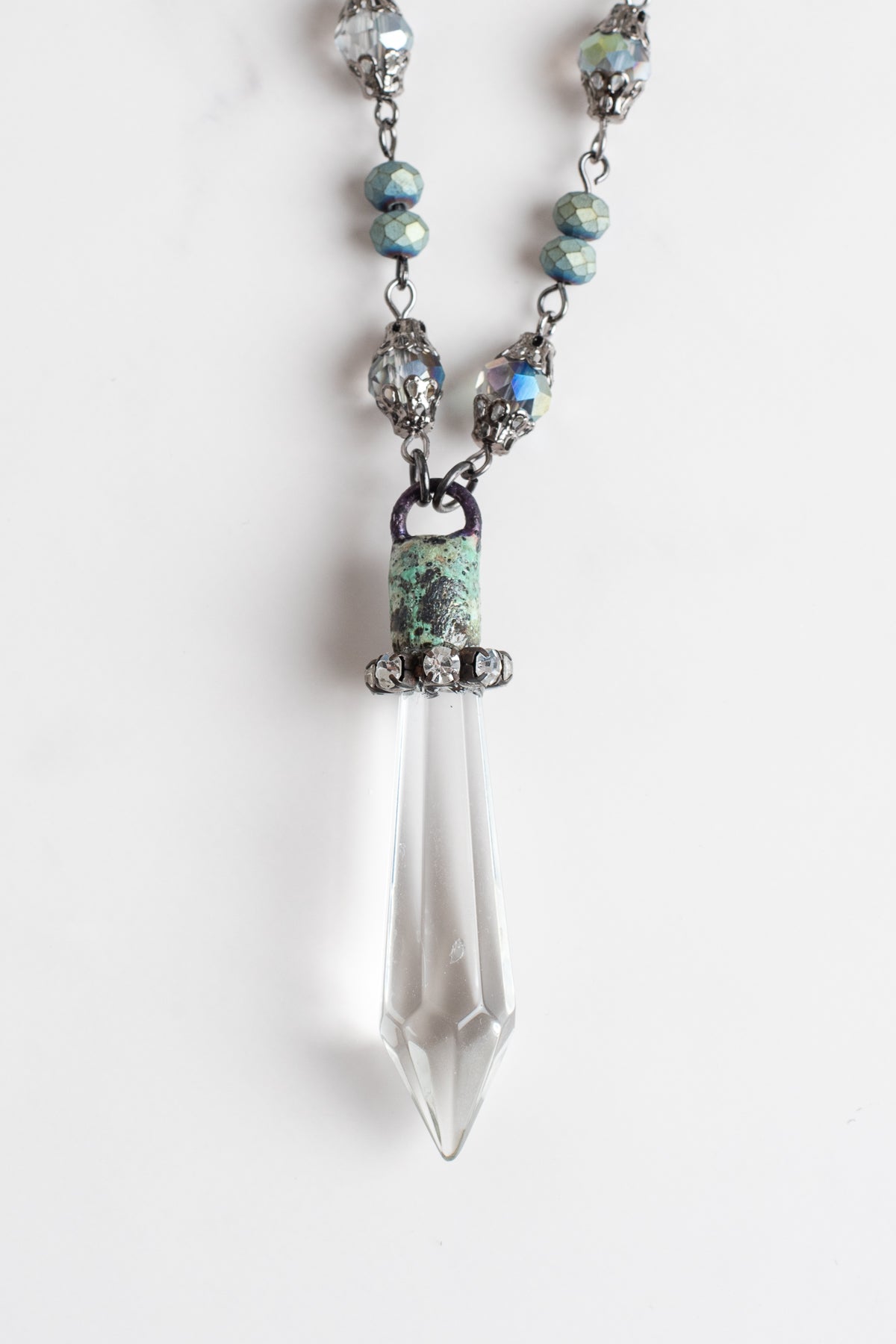 Hand Soldered Clear Crystal With Aqua Patina Pendant on a Fancy Blue Green Rosary Chain Necklace