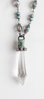 Hand-Soldered Crystal Pendant with Blue-Green Iridescent Chain