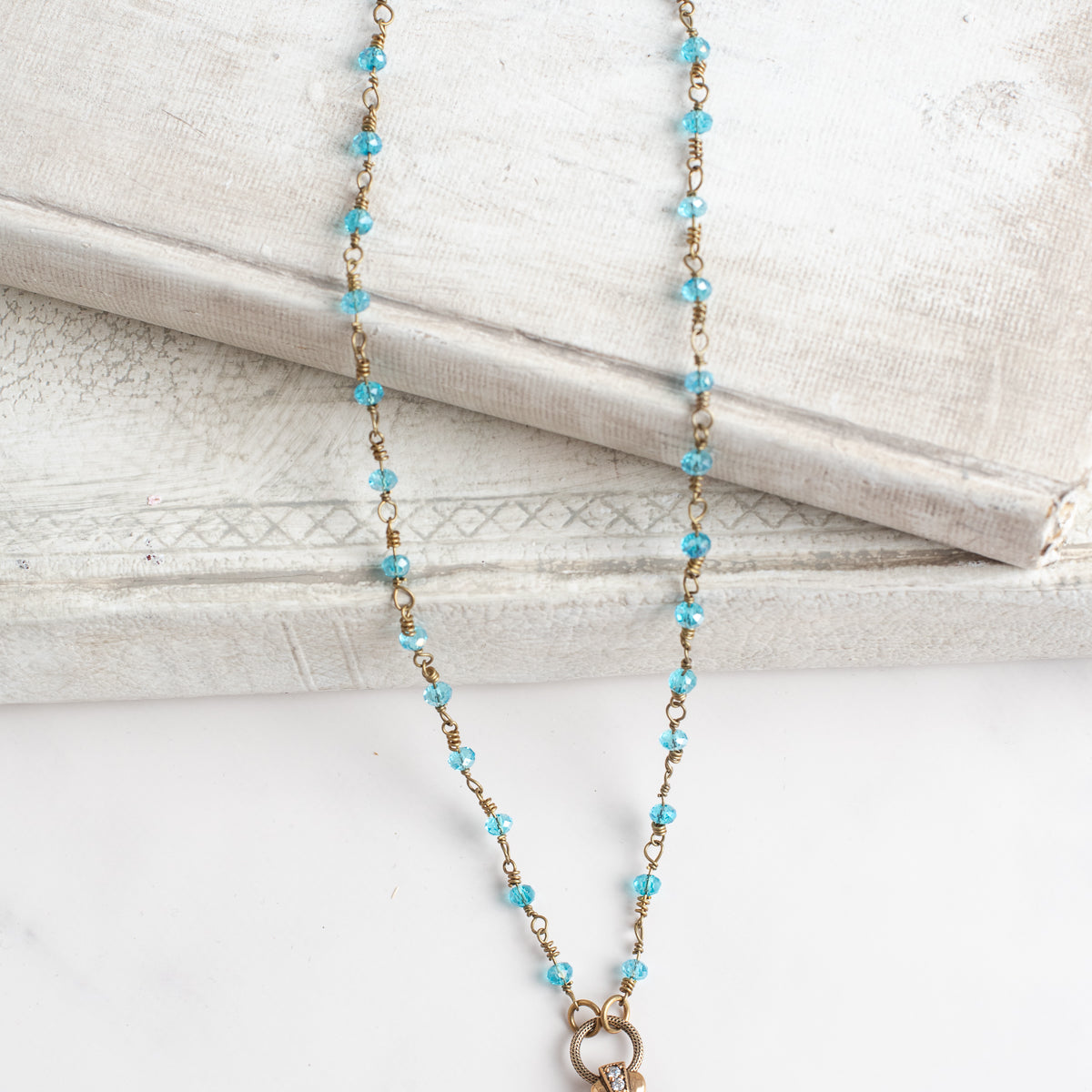Sterling Silver Pave Maltese Cross Pendant on a Turquoise Crystal Fine Rosary Chain Necklace