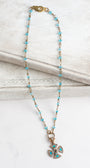 Sterling Silver Pave Maltese Cross Pendant on a Turquoise Crystal Fine Rosary Chain Necklace