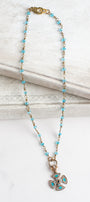 Sterling Silver Pave Maltese Cross Pendant on a Turquoise Crystal Fine Rosary Chain Necklace