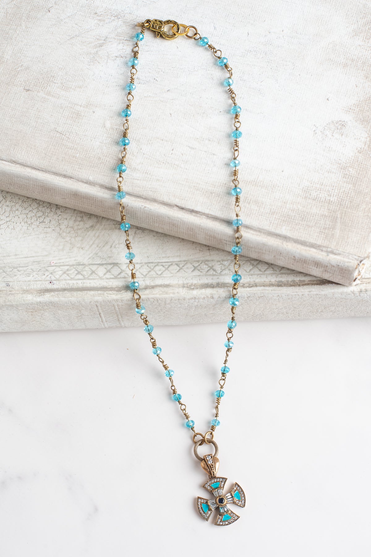 Sterling Silver Pave Maltese Cross Pendant on a Turquoise Crystal Fine Rosary Chain Necklace